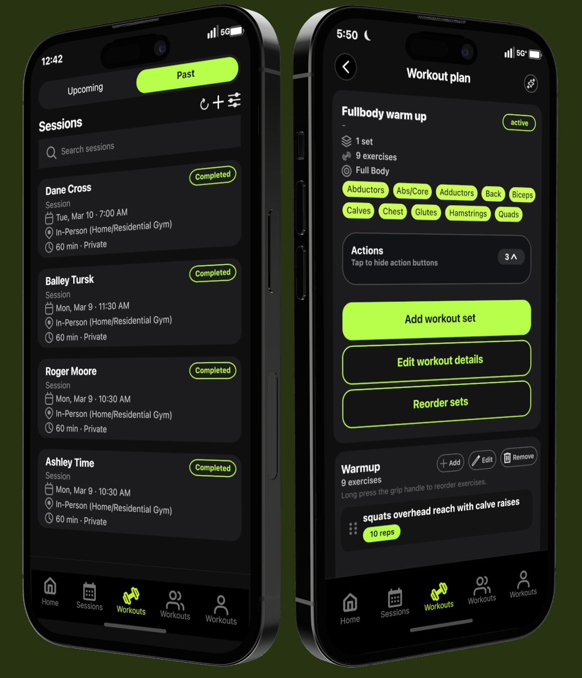 Workout planning interface showing an upcoming session and programming details for trainer support.